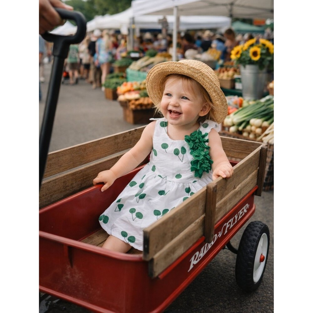 White Green Cherry Print Toddler Dress 2T Sleeveless Floral Strap Cottage Picnic